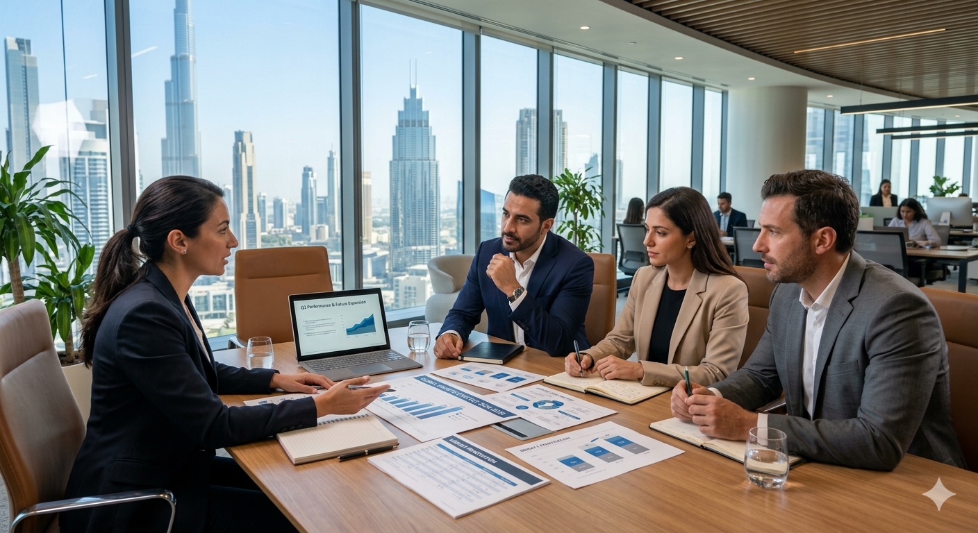 Business professionals discussing growth strategies and planning in a modern UAE office.